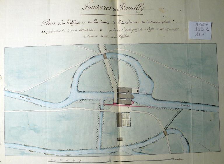 Plan de la tréfilerie et du laminoir de cuivre et de laiton dite usine de Besle avec les roues existantes et la roue projetée, 1816 (AD Eure. 19 S 2).