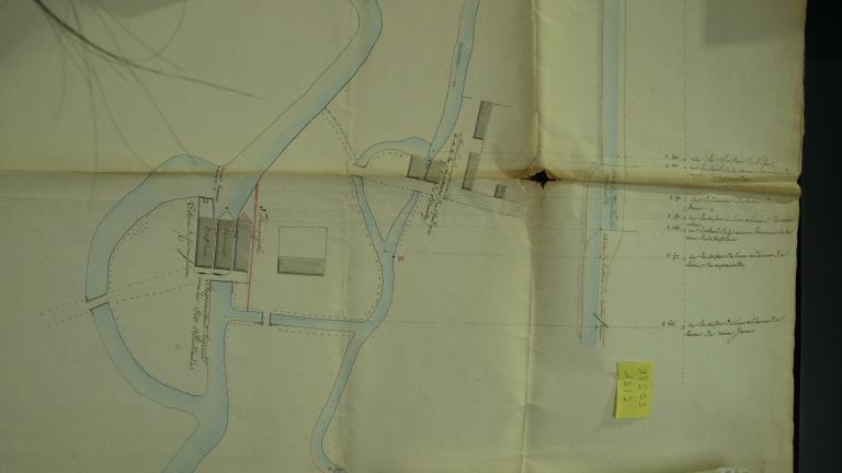 Plan détaillé de l’usine de Besle à usage de laminoir et tréfilerie avec le projet d’adjonction d’une troisième roue hydraulique, 3 octobre 1819 (AD Eure. 18 S 53).