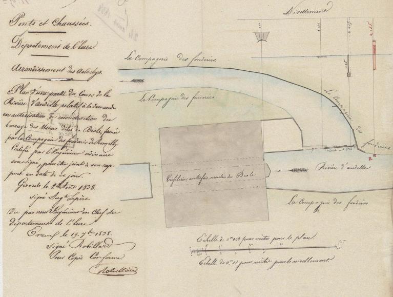 Plan de l'usine de Besle à usage de tréfilerie, 24 août 1838 (AD Eure. 18 S 53).