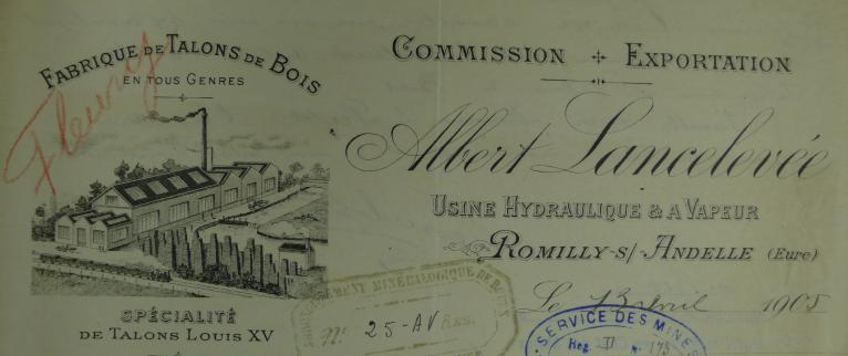 Entête de papier à lettre, Albert Lancelevée fabrique de talons de bois dite usine de Repainville, 1905 (AD Eure. 5 M 310).