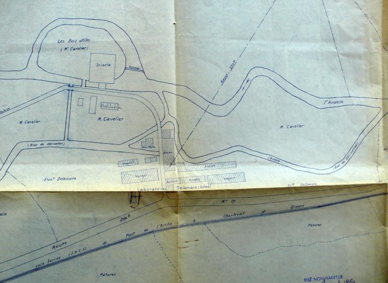 Plan schématique et de situation de l’usine Delamare, 1/1000e, 1958 (AD Eure. 18 W 272).