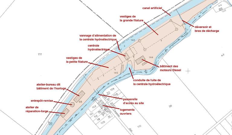 Plan de localisation des bâtiments et infrastructures en place (sauf logement du directeur et logements ouvriers en bande hors plan), 2018.