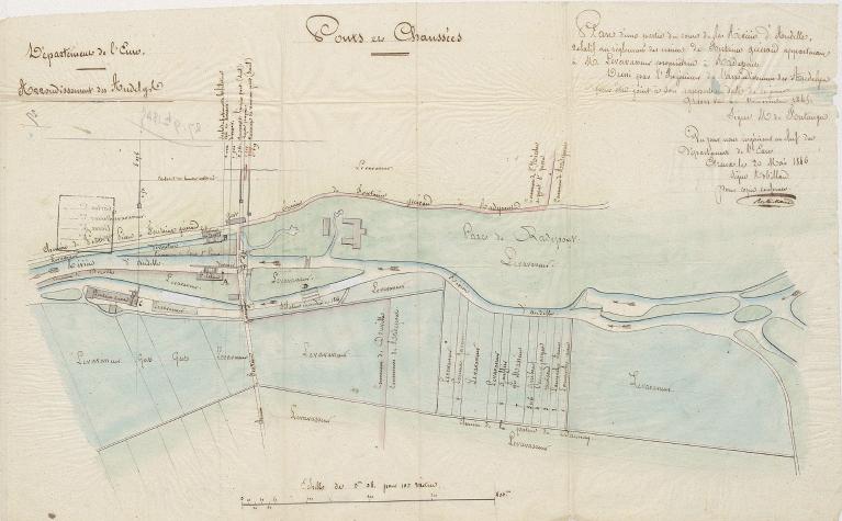 Plan de situation des trois filatures [incendiée, en activité, en construction] et du moulin à blé de Charles Levavasseur, 1845 (AD Eure, 18 S 64).