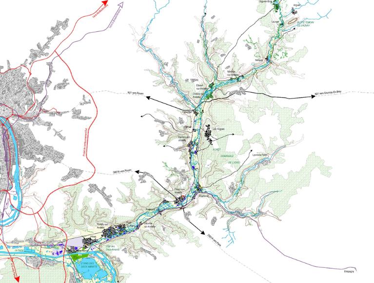 Carte du bassin de l'Andelle : réseau hydraugraphique, routier, ferroviaire et implantation urbaine. ; Carte de la rivière Andelle et de ses affluents, extraite du livrable 1 de l'Atelier du territoire sur la vallée de l'Andelle, 2015.