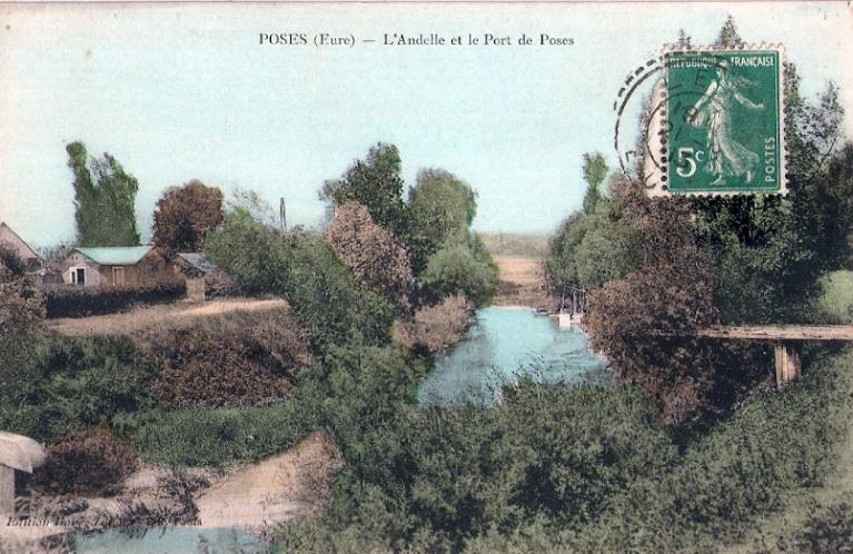 L'Andelle et le port de Poses [il s'agit du port de Pîtres encore appelé port de l'Andelle].- Carte postale, vers 1930 (Collection particulière).