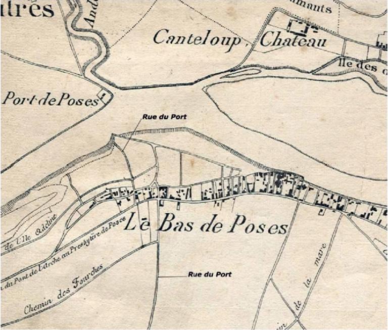 Port de Poses (également appelé port de Pître ou de l'Andelle) à la confluence de l'Andelle et de la Seine.- Extrait du plan cadastral, début XXe siècle (IGN).