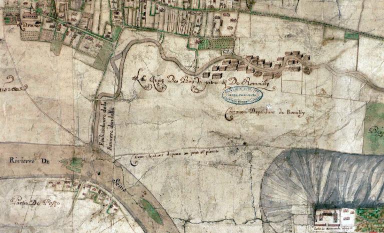 Embouchure de la rivière Andelle.- Extrait du plan géométrique de la baronnie du Pont-Saint-Pierre (vallée de l’Andelle de Pîtres à Douville), par Guillaume Le Roux arpenteur, 1725 (AD Seine-Maritine. 12 Fi 179 ).