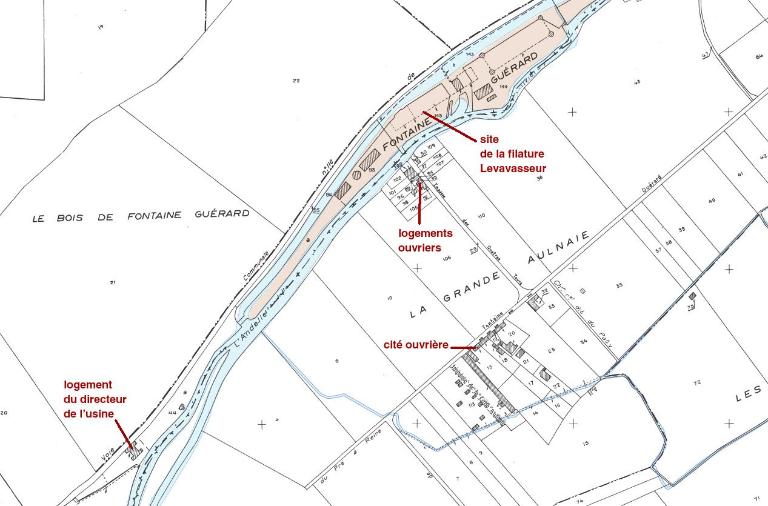 Plan de localisation du site de la filature Levavasseur et des logements (ouvries et du directeur) édifiés à proximité, 2018.