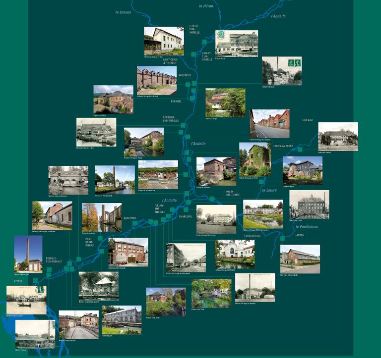 Carte des uisnes textiles étudiées dans le cadre de l'opération d'Inventaire - extraite de l'exposition l'Andelle Industrielle (2018). ; Carte des usines textiles du bassin de l'Andelle - extraite de l'exposition l'Andelle industrielle, 2018.
