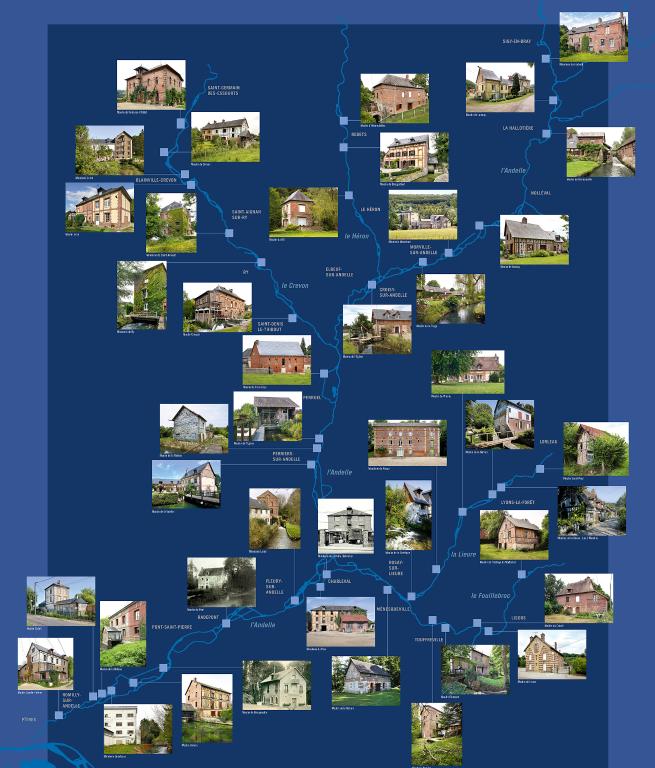 Carte des moulins à blé et minoteries étudiés dans le cadre de l'opération - extraite de l'exposition l'Andelle Industrielle (2018). ; Carte des moulins à blé et minoteries étudiés dans le cadre de l'opération - extraite de l'exposition l'Andelle Industrielle (2018).