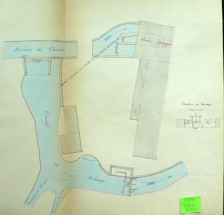 Plan masse du moulin de M. Louis Nicolas Druyer à Blainville-Crevon, 1/200, 1878 (AD Seine-Maritime. 7 S 1030).