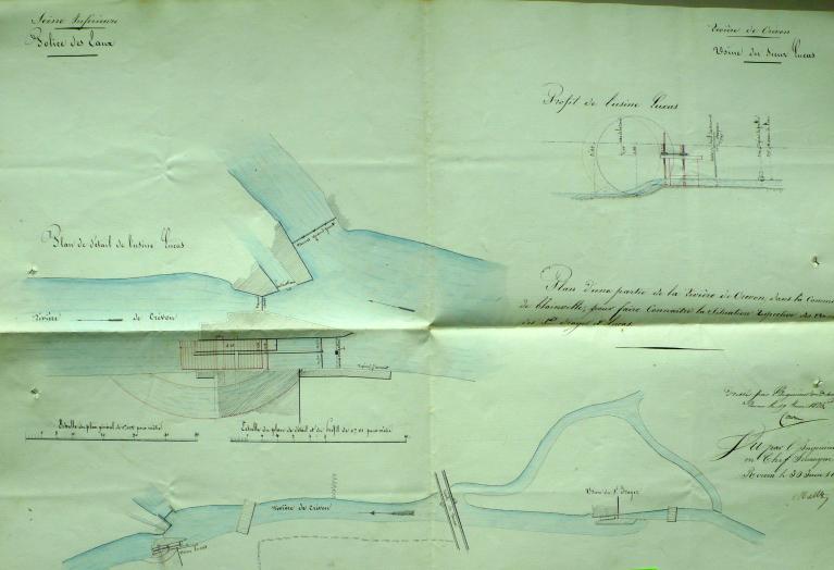 Plan de situation de l’usine Druyer et du moulin Lucas en aval et plan masse et profil des aménagements hydrauliques projetés au moulin Lucas, 30 juin 1835 (AD Seine-Maritime. 7 S 354).