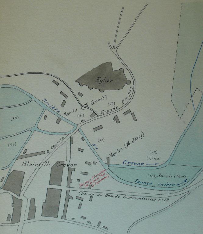 Plan de situation du moulin de M. Grivet et du moulin de M. Jary sur le Crevon à Blainville Crevon, 23 avril 1917 (AD Seine-Maritime. 7 S 1029).