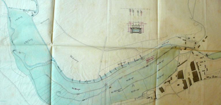 Plan de situation du moulin de Mr Druyer et du moulin de Mr Leroy en amont, 17 décembre 1851 (AD Seine-Maritime. 7 S 1029).