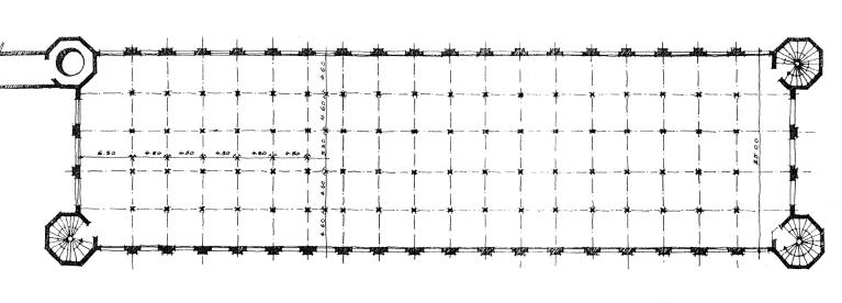 Reconstitution schématique de l'ossature porteuse de la grande filature. Dessin par Jean-Marc Fabri, in La grande filature, hier, aujourd’hui, demain. Mémoire de 3e cycle. Unité pédagogique d’architecture de Rouen, 1983.