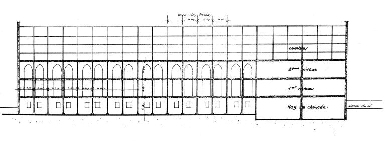 Reconstitution schématique de la coupe longitudinale de la petite filature. Dessin par Jean-Marc Fabri, in La grande filature, hier, aujourd’hui, demain. Mémoire de 3e cycle. Unité pédagogique d’architecture de Rouen, 1983.