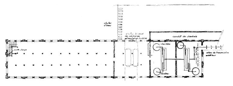Reconstitution schématique du rez-de-chaussée de la petite filature. Dessin par Jean-Marc Fabri, in La grande filature, hier, aujourd’hui, demain. Mémoire de 3e cycle. Unité pédagogique d’architecture de Rouen, 1983.