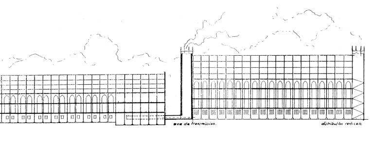 Reconstitution schématique de la coupe longitudinale des deux filatures. Dessin par Jean-Marc Fabri, in La grande filature, hier, aujourd’hui, demain. Mémoire de 3e cycle. Unité pédagogique d’architecture de Rouen, 1983.
