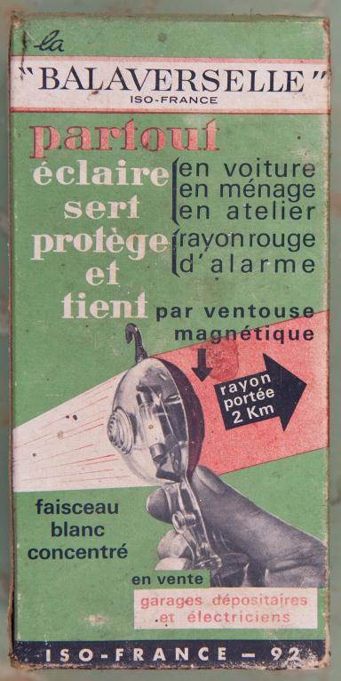 Panneau publicitaire pour la Balaverselle, lampe baladeuse produite dans les années 1950, par la société Isodio.
