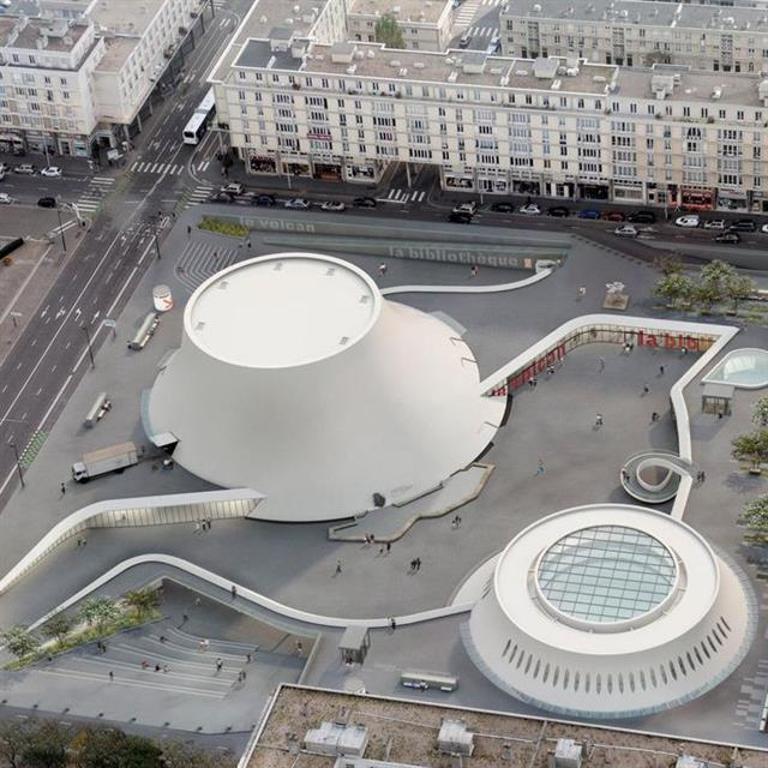 Vue aérienne du Volcan et de la bibliothèque.- Photographie, 2015 (Guidigo.com).
