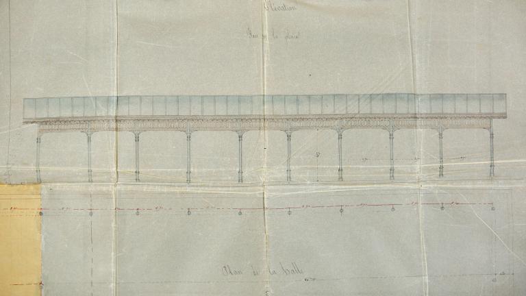 Elévation, détail.- Plan, coupe, élévation de la halle projetée pour la commune de Routot [sur la base de neuf travées], encre et aquarelle sur calque, Dupuis architecte, 4 novembre 1868. (AD Eure, 5o6 / 606).