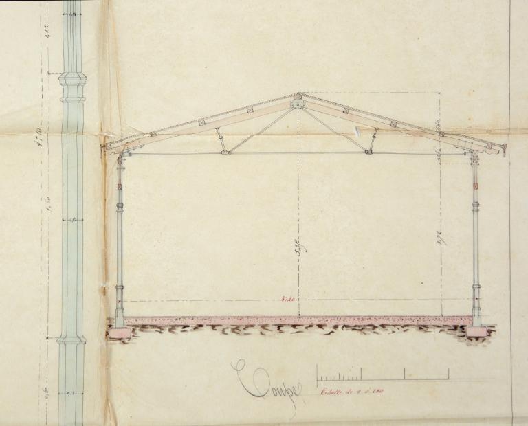 Coupe, détail d'une ferme.- Plan, coupe, élévation de la halle projetée pour la commune de Routot, encre et aquarelle sur calque, Dupuis architecte, 4 novembre 1868. (AD Eure, 5o6 / 606).