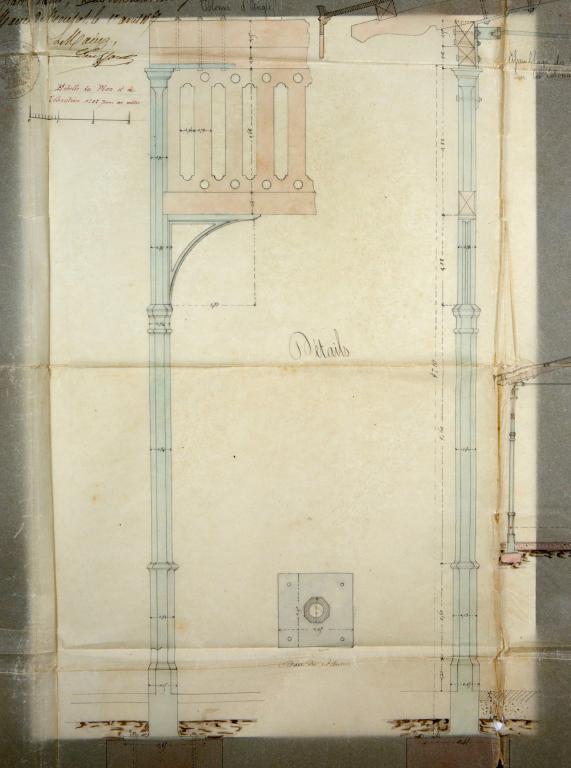 Poteau et entablement, détail.- Plan, coupe, élévation de la halle projetée pour la commune de Routot, encre et aquarelle sur calque, Dupuis architecte, 4 novembre 1868. (AD Eure, 5o6 / 606).