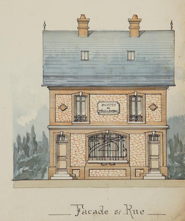 Elévation de la façade sur rue, détail. Plan, coupe, élévation du projet de bureau de poste pour la commune de Routot, encre et aquarelle sur papier, Cossard architecte, 8 octobre 1906. (AD Eure, 5O6/606).