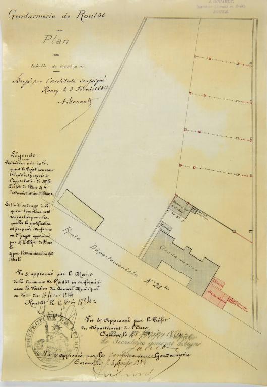 Proposition pour déplacer certains bâtiments annexes. Plan, encre et aquarelle sur calque, Gouault architecte, février 1884. (AD Eure, 500 EDT 32).