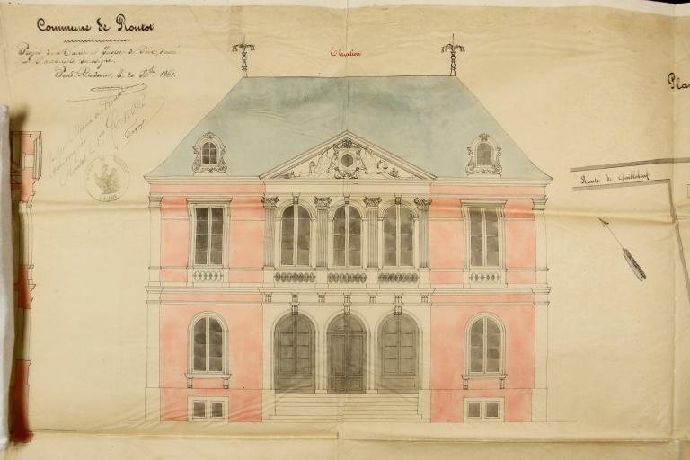 Projet de mairie et justice de Paix [non réalisé].- Elévation par Dupuis, architecte, encre et aquarelle sur calque, 1861. (AD Eure, 5O6 / 607).