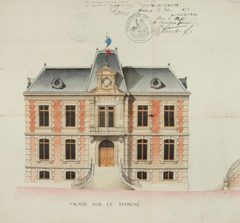 Projet d'hôtel de ville, élévation de la façade sur le marché.- Plan, coupe, élévation, par F. Dauphiné architecte, encre et aquarelle sur carton, 23 juin 1879. (AD Eure, 5O6 / 608).