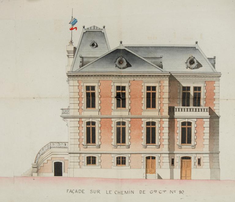 Projet d'hôtel de ville, élévation de la façade sur le chemin de Grande Communication n° 90.- Plan, coupe, élévation, par F. Dauphiné architecte, encre et aquarelle sur carton, 23 juin 1879. (AD Eure, 5O6 / 608).
