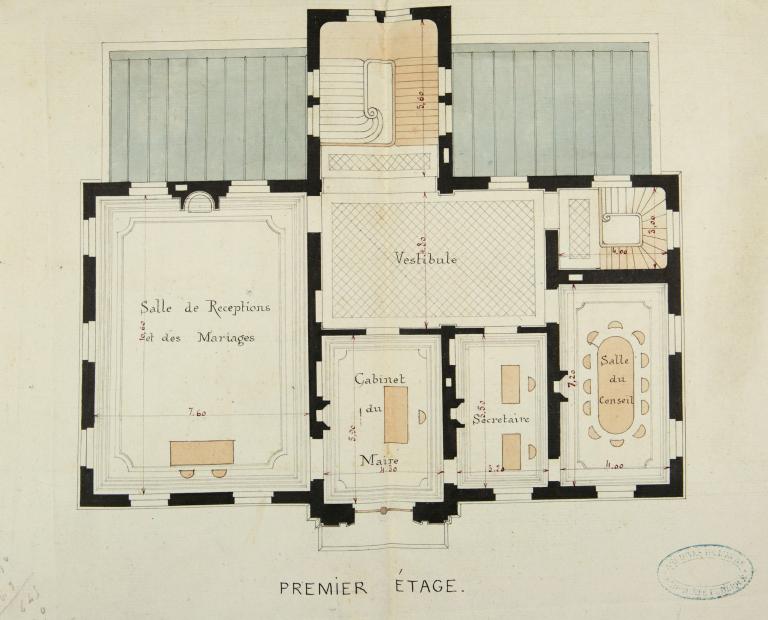 Projet d'hôtel de ville, plan du premier étage.- Plan, coupe, élévation, par F. Dauphiné architecte, encre et aquarelle sur carton, 23 juin 1879. (AD Eure, 5O6 / 608).