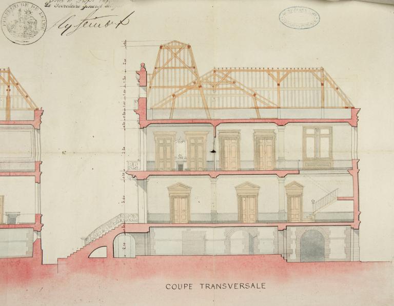 Projet d'hôtel de ville, coupe transversale.- Plan, coupe, élévation, par F. Dauphiné architecte, encre et aquarelle sur carton, 23 juin 1879. (AD Eure, 5O6 / 608).