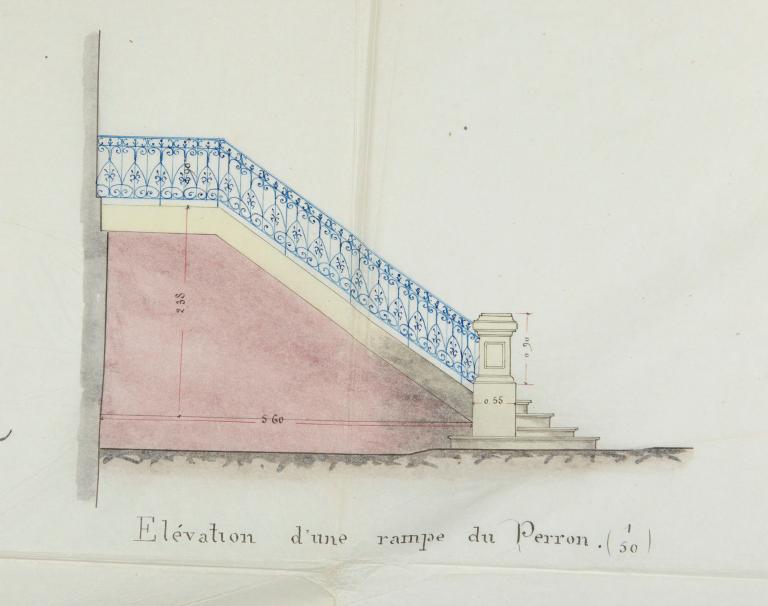 Elévation d'une rampe du perron.- Encre et aquarelle sur calque, Cossard architecte, 16 juin 1889. (AD Eure, 5O6 / 608).