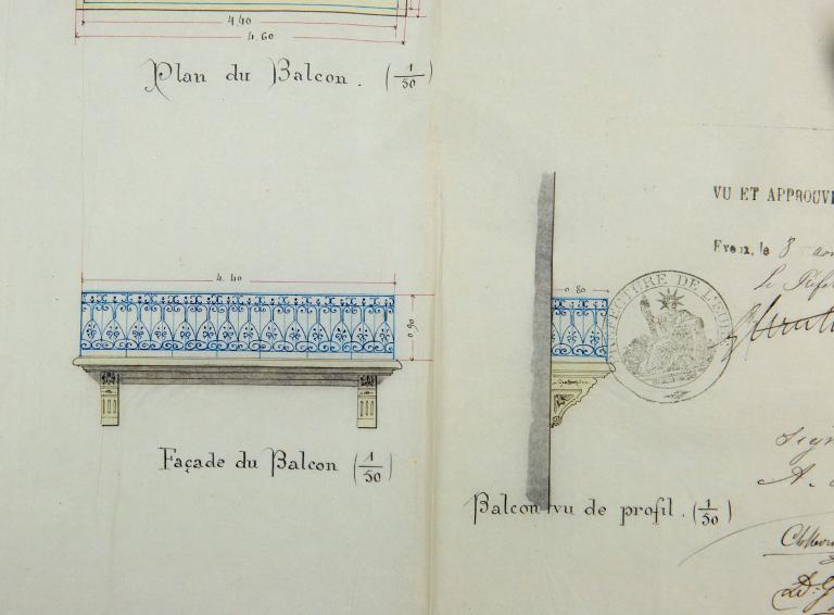 Façade et profil du balcon.- Encre et aquarelle sur calque, Cossard architecte, 16 juin 1889. (AD Eure, 5O6 / 608).