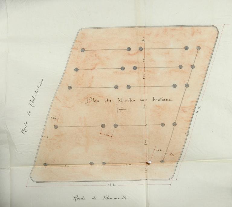 Plan du marché aux bestiaux, détail.- Plan, coupe, élévation du projet d'aménagement du marché, encre et aquarelle sur calque, Cossard architecte, 16 juin 1889. (AD Eure, 5O6/608).