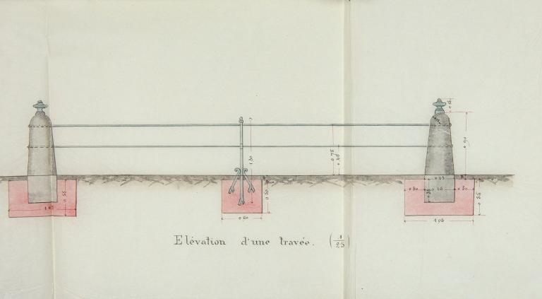 Elévation d'une travée, détail.- Plan, coupe, élévation du projet d'aménagement du marché, encre et aquarelle sur calque, Cossard architecte, 16 juin 1889. (AD Eure, 5O6/608).