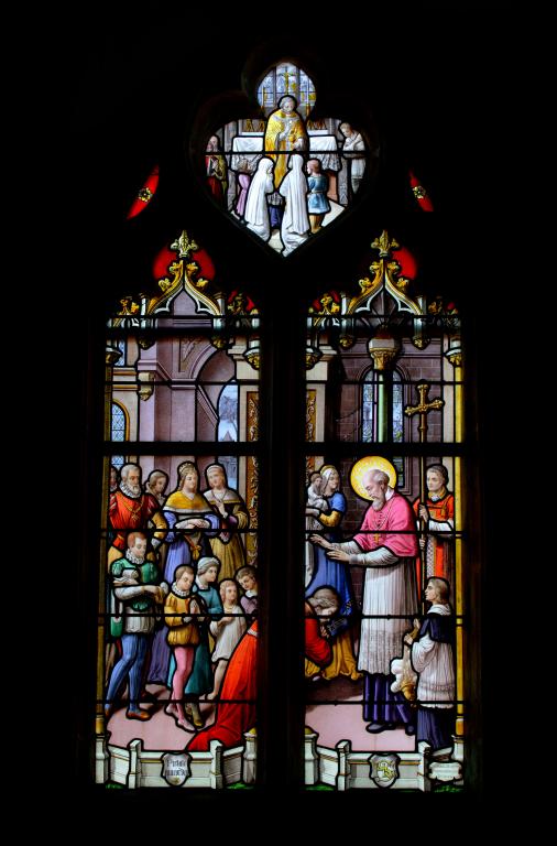 Baie 16 : Saint François de Sales bénissant des associés de son voeu - Première communion d'enfants, vue d'ensemble.