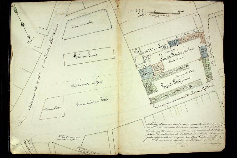 Plan de plusieurs bâtiments que la mairie se propose d’acheter pour l’érection d’une place publique et construction d’une mairie et d’autres bâtiments communaux.- Plan de Taupin, géomètre arpenteur à Hauville, janvier 1878. (AD Eure, 500 EDT/31). ; Plan de plusieurs bâtiments que la mairie se propose d’acheter pour l’érection d’une place publique et construction d’une mairie et d’autres bâtiments communaux.- Plan de Taupin, géomètre arpenteur à Hauville, janvier 1878. (AD Eure, 500 EDT/31). ; La mare du Marché après la construction de la nouvelle halle aux Grains.- Plan de Taupin, géomètre arpenteur à Hauville, janvier 1878. (AD Eure, 500 EDT/31). ; La mare du Marché après la construction de la nouvelle halle aux Grains.- Plan de Taupin, géomètre arpenteur à Hauville, janvier 1878. (AD Eure, 500 EDT/31).