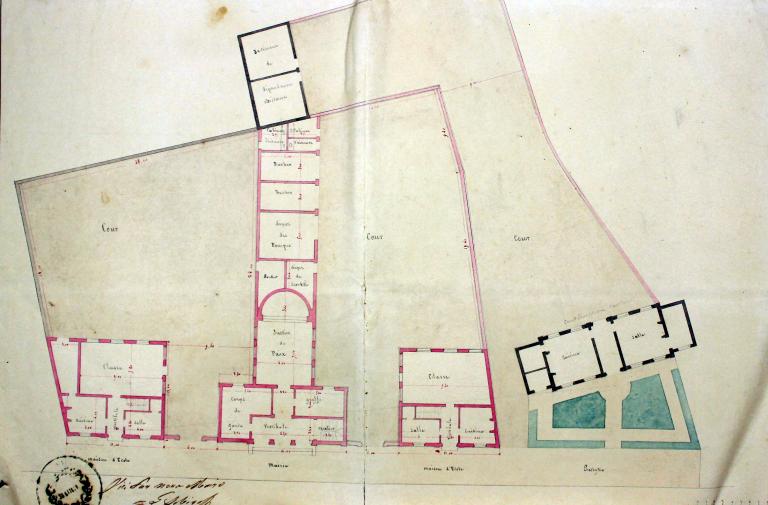 Projet de mairie, école de filles et de garçons, justice de paix à contruire près de l'église [non réalisé]. Plan par Baudard architecte, dessin aquarellé et encre sur papier, 1840. (AD Eure, 500 EDT/31).