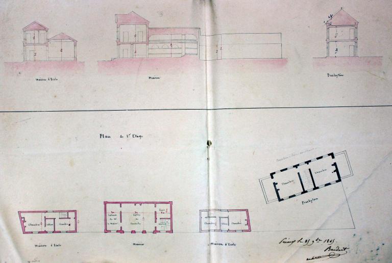 Projet de mairie, école, justice de paix à contruire près de l'église [non réalisé]. Plan de l'étage et coupes par Baudard architecte, dessin aquarellé et encre sur papier, 1840. (AD Eure, 500 EDT/31).