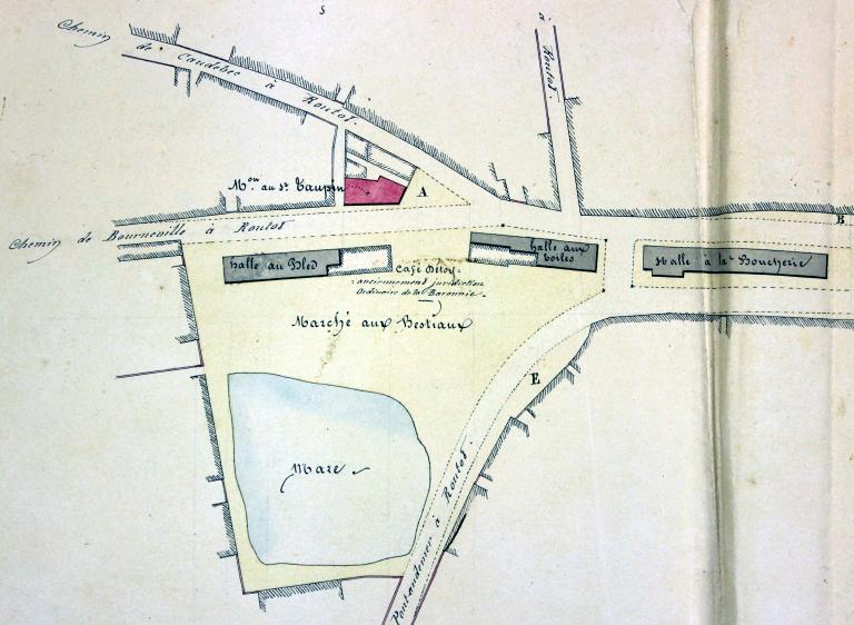 Plan géométrique des Places, Halles et Marchés du Bourg de Routot, détail.- Plan, encre sur papier, L. Paignard géomètre, 20 août 1832. (AD Eure, 500 EDT/31).