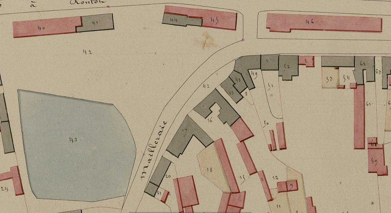 Les trois halles de Routot.- Extrait du plan cadastral, Section C, du Bourg, 1ère feuille, 1826. (AD Eure, 3PL/958/5).