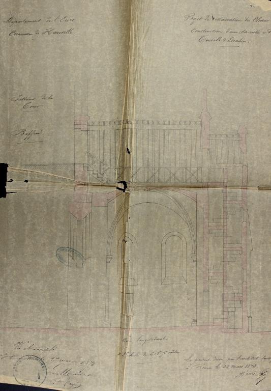 Projet de restauration du choeur. Construction d'une sacristie et d'une tourelle d'escalier - coupe longitudinale.- Plan dressé par M. Barre, architecte à Rouen, 22 mars 1873. 