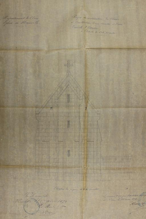 Projet de restauration du choeur. Construction d'une sacristie et d'une tourelle d'escalier - élévation du pignon.- Plan dressé par M. Barre, architecte à Rouen, 22 mars 1873.