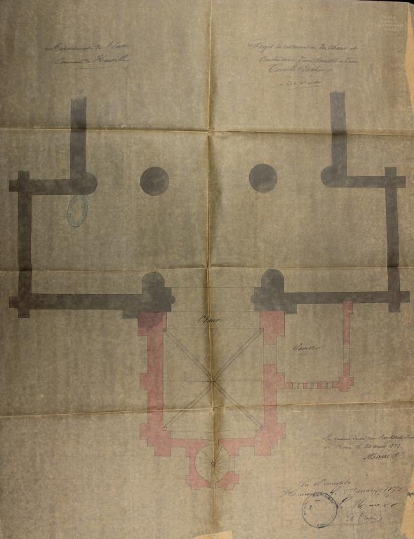 Projet de restauration du choeur. Construction d'une sacristie et d'une tourelle d'escalier.- Plan dressé par M. Barre, architecte à Rouen, 22 mars 1873.