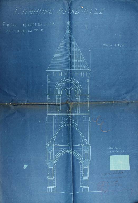 Réfection de la toiture de la tour.- Plan bleu dressé par M. Albert Leclerq, architecte à Pont-Audemer, 20 mai 1909.