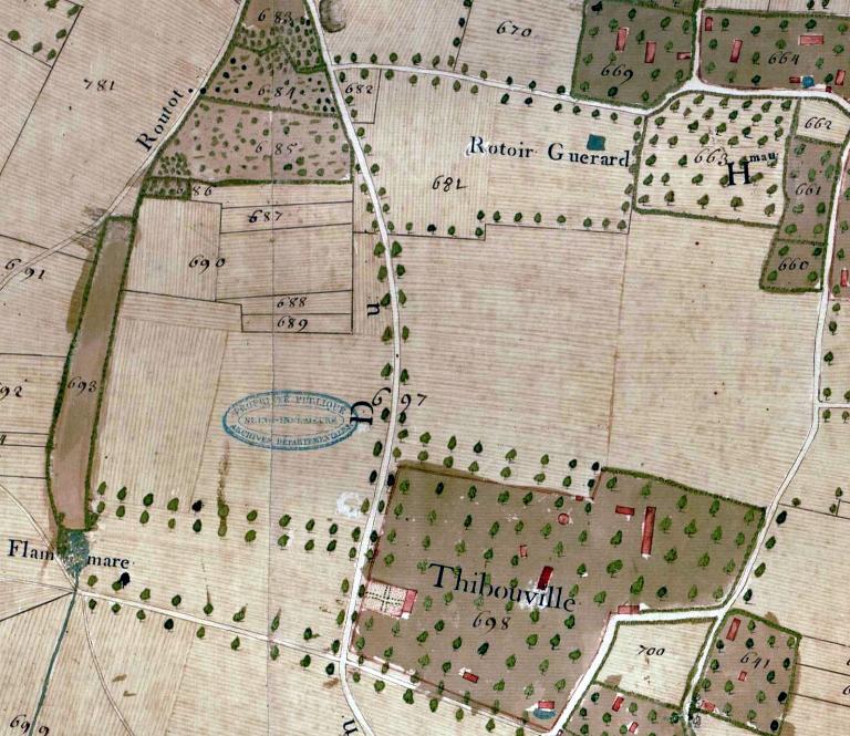 Flam mare et rotoir Guérard.- Extrait du plan parcellaire de la paroisse de Hauville dressé par Augustin Poullain, 1748. {