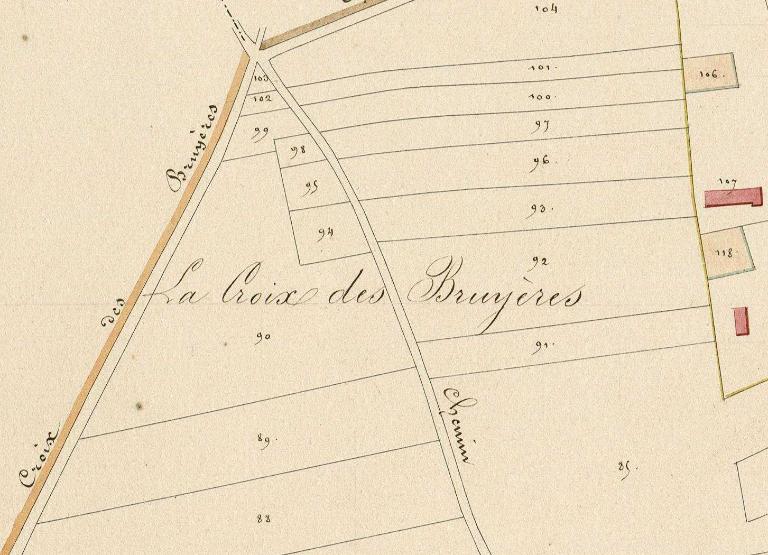 La Croix des Bruyères.- Extrait du cadastre napoléonien de Hauville, section C de l'église, 1826. 